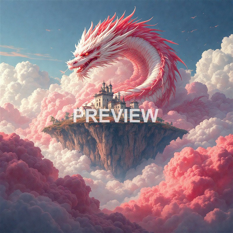 A large, fierce pink and white dragon with sharp spikes and glowing eyes is coiled around a floating island that has a castle on top, set against a sky filled with pink and white clouds.